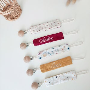 Personalized double-sided pacifier clip with or without first name embroidery in swaddle and cotton with Oeko tex pattern Girl boy mixed accessory