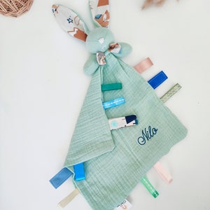 Personalized rabbit comforter with labels - embroidered name - pacifier clip - cotton gauze swaddle - baby boy girl gift idea