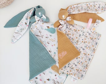 Personalized bunny comforter with big ears embroidered with first name - pacifier clip - 30 cm cotton gauze swaddle - baby boy girl gift idea