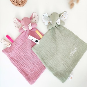 Personalized elephant comforter - embroidered name - pacifier clip - cotton gauze swaddle - birth gift idea for boy and girl