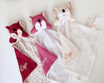 Pretty flat koala comforter in swaddle with label, small bow and personalized embroidery of baby girl or boy's first name