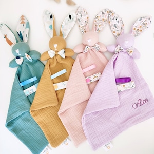 Personalized bunny comforter with small ears - embroidered name - pacifier clip - cotton gauze swaddle - birth gift idea for boy and girl