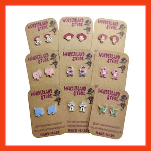 Cartoons Earrings. Size: Approx 10/15mm studs and 20/25mm dangles.