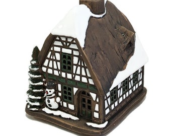 Christmas style ceramic house - candle holder with snowman