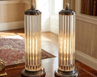 Art Deco Skyscraper Brass Glass Rod Lamps – Pair Table Lights, Nautical Ship Interior, Chic Home Décor, Statement Lighting for Living Room
