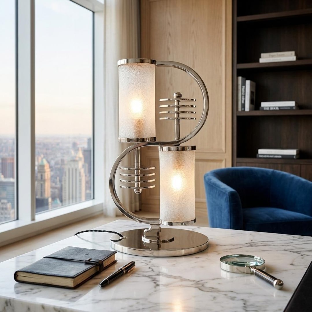 Modern Art Deco Frosted S-shaped Lamp – Nickel Brass & Glass Shade ...