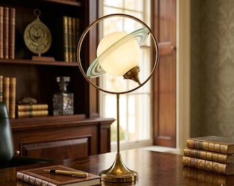 Radiant Art Deco Saturn Brass Lamp – Retro-Inspired Floor/Table Lighting with Milk Glass