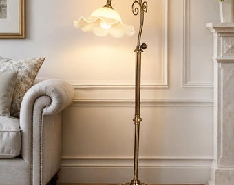 Art Nouveau Brass Table Floor Lamp – Milk Glass Flower Shade, Elegant Lighting Fixture, Golden Home Accent, Stylish Interior Decor