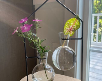 Glass Vase Set With Wooden Stand | Modern Minimalist Hydroponic Vase | Plant Propagation Station