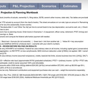 May include: A digital S Corporation Tax Projection & Planning Workbook guide featuring tabs for Inputs, P&L Projection, Scenarios, and Estimates. The document outlines instructions, legends for text colours, model simplifications, and 2026 tax sources.