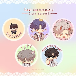 May include: Five circular buttons with cartoon illustrations and text. The buttons feature characters with phrases such as "Pipsqueak," "Drama Queen," and "Free Health Care." The buttons are colorful.