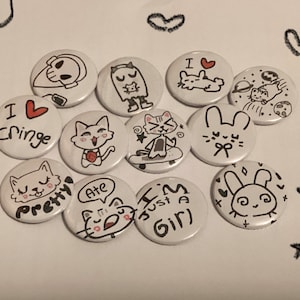 Silly cartoon art button pins / kawaii art doodles hand made