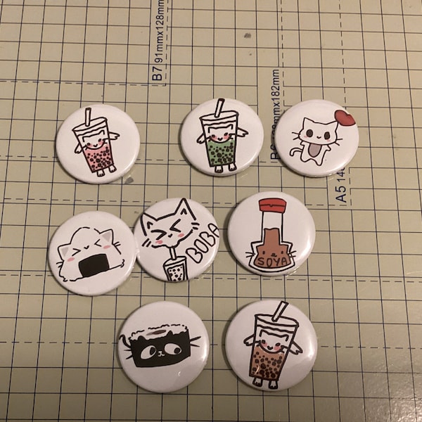 Kawaii Asian food art/animal doodle button pins