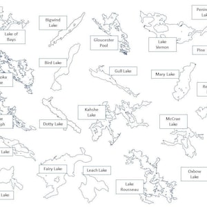 27 Individuel Muskoka District Lake Cartes Silhouette Contour Frontière Limite Géographie Ensemble SVG Vector Download