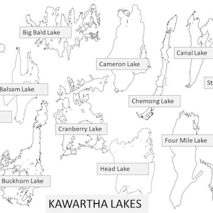 15 cartes individuelles du lac du district de Kawartha Silhouette contour frontière limite géographie ensemble SVG vecteur téléchargement