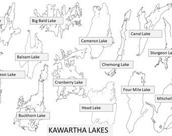 15 cartes individuelles du lac du district de Kawartha Silhouette contour frontière limite géographie ensemble SVG vecteur téléchargement
