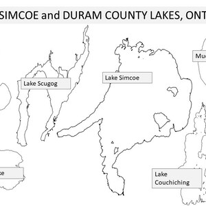 9 cartes individuelles de Simcoe et du comté de Duram, Ontario, lac, silhouette, contour, frontière, frontière, géographie, ensemble, SVG, vecteur, téléchargement