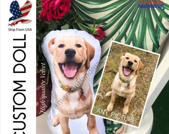 Può includere: Un pupazzo di cane personalizzato realizzato in velluto di alta qualità. Il pupazzo è di colore marrone chiaro e ha un'espressione felice. Il pupazzo è seduto su una sedia bianca con un cuscino a motivi verdi e bianchi. Il testo "ANY PICTURE!" è visibile nell'immagine.