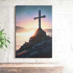 Cross on Golgotha Religious Christian Wall Art, Blue Religious Canvas Art, Christian Canvas Painting, Christian Gifts