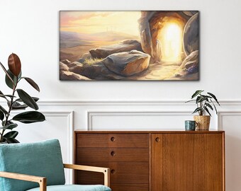 May include: A painting depicting a cave opening with a bright light shining through. The cave is surrounded by rocks and the light is casting a warm glow on the ground.