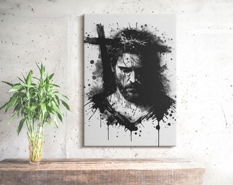 Jesus in einer Dornenkrone Christliche Wandkunst, religiöse Schwarzweiss-Leinwandkunst, christliche Leinwandmalerei, christliche Geschenke