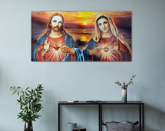 Das Herz des Herrn Jesus und Maria, christliche Wanddekoration, christliche Glaswandkunst, religiöse Glasmalerei, religiöse Ikonenkunst