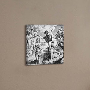 Holy Baptism of the Lord Jesus Christian Wall Decoration, Gray Christian Canvas Wall Art, Religious Canvas Painting, Religious Icon Art