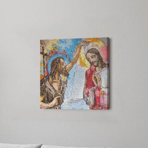 Mosaic of the Baptism Christian Wall Art, Multicolor Religious Canvas Art, Christian Canvas Painting, Christian Gifts