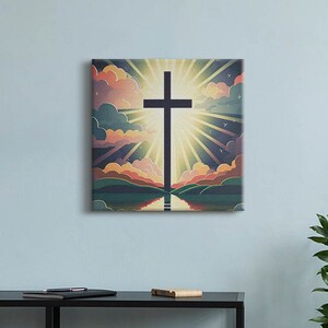 Cross of Religious Light Christian Wall Decoration, Navy Christian Canvas Wall Art, Religious Canvas Painting, Christian Wall Decor