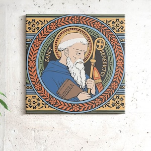 Saint Benedict of Nursia Christian Wall Decoration, Multicolor Christian Canvas Wall Art, Religious Canvas Painting, Religious Icon Art