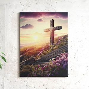 Cross on a religious hill Christian Wall Art, Brown Religious Canvas Art, Christian Canvas Painting, Christian Gifts