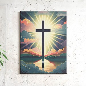Cross of Religious Light Christian Wall Art, Navy Religious Canvas Art, Christian Canvas Painting, Christian Gifts