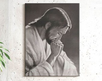 Jesus Gebet Schwarzweiße christliche Wanddekoration, Graue christliche Leinwand Wandkunst, religiöse Leinwandmalerei, christliches Wanddekor