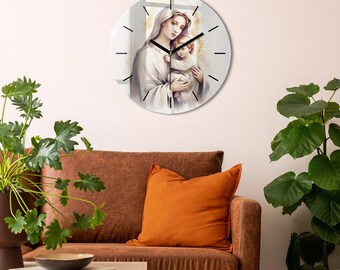 Maria und Jesus Illustration Druckuhr, weiße gehärtete Glasuhr, Wanduhr, christliche Wohndekoration, minimalistische Uhr