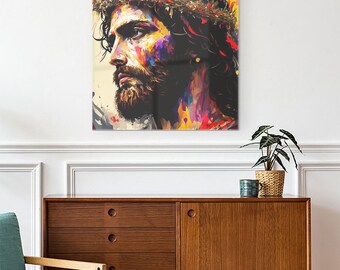 Jésus dans la couronne d'épines, art religieux des icônes, peinture religieuse sur verre, art mural chrétien sur verre, décoration murale chrétienne
