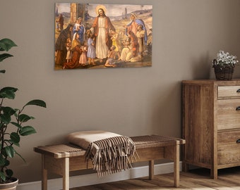 Seigneur Jésus avec des enfants, oeuvre d'art murale chrétienne en verre, peinture religieuse sur verre, décoration murale chrétienne, art religieux des icônes
