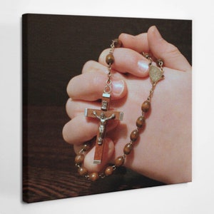 Rosary prayer Christian Wall Decoration, Brown Christian Canvas Wall Art, Religious Canvas Painting, Religious Icon Art