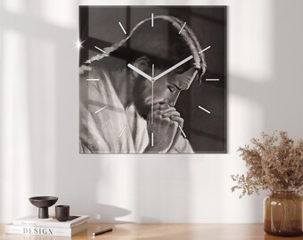 Zeichnung Jesus betende Druckuhr, graue gehärtete Glasuhr, moderne Wanduhr, christliche Wohndekoration, Hängeuhr