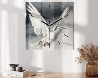 White dove Holy Spirit Tempered Glass Clock, Gray Print Clock, Hanging Clock, Christian Gifts, Wall Clock