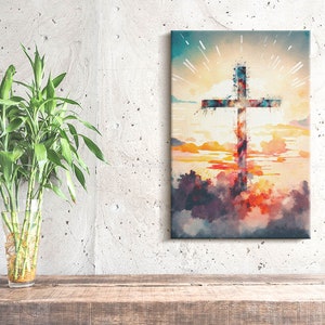 Cross in light Religious Christian Wall Decoration, Blue Christian Canvas Wall Art, Religious Canvas Painting, Religious Icon Art