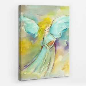 Watercolor Angel Christian Wall Decoration, Creamy Christian Canvas Wall Art, Religious Canvas Painting, Christian Wall Decor