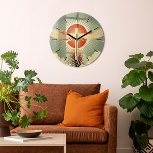 Cross sun and tree Tempered Glass Clock, Colorful Print Clock, Hanging Clock, Christian Gifts, Wall Clock