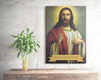 Jesus, ich vertraue dir, Kunst, christliches Wanddekor, orangefarbene christliche Leinwand, religiöse Leinwandmalerei, religiöse Ikonenkunst