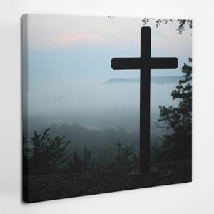 Landscape with a cross Christian Wall Art, Blue Religious Canvas Art, Christian Canvas Painting, Christian Gifts