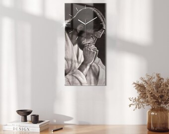 Zeichnung Jesus betende Glaswanduhr, graue rechteckige Uhr, minimalistische Uhr, christliche Geschenke, moderne Wanduhr
