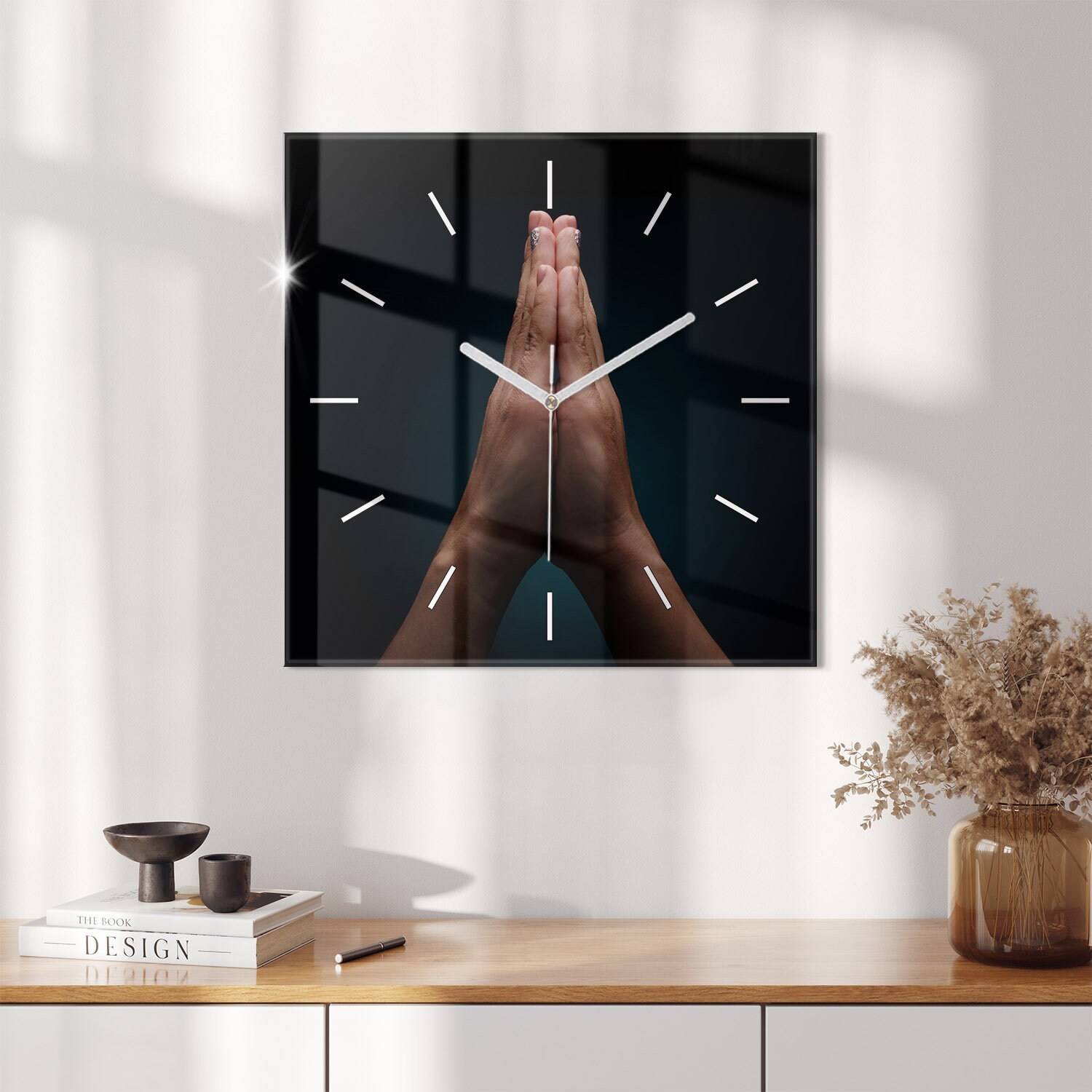 Folded Hands Praying Tempered Glass Clock, Black Print Clock ...