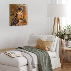 Mary Queen and Jesus Print Clock, Golden Tempered Glass Clock, Wall Clock, Christian Home Decor, Minimalistic Clock