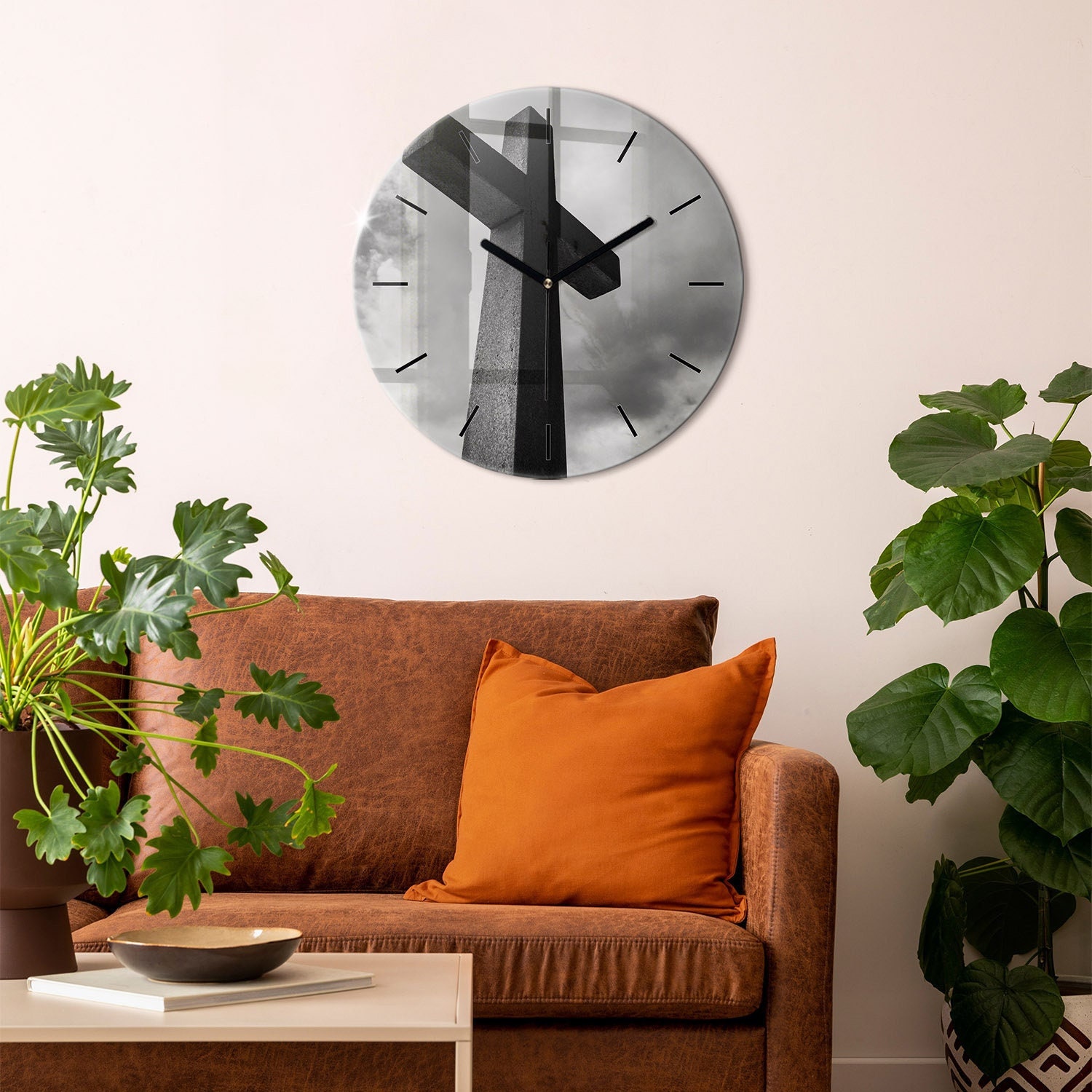 Stone Cross and Sky Print Clock, Gray Tempered Glass Clock, Modern