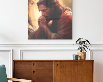 Jésus priant dans le jardin, art religieux des icônes, peinture religieuse sur verre, art mural chrétien sur verre, décoration murale chrétienne