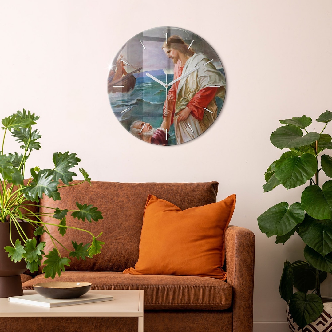 イエスと聖ペテロの強化ガラス時計、カラフルなプリント時計、ミニマル